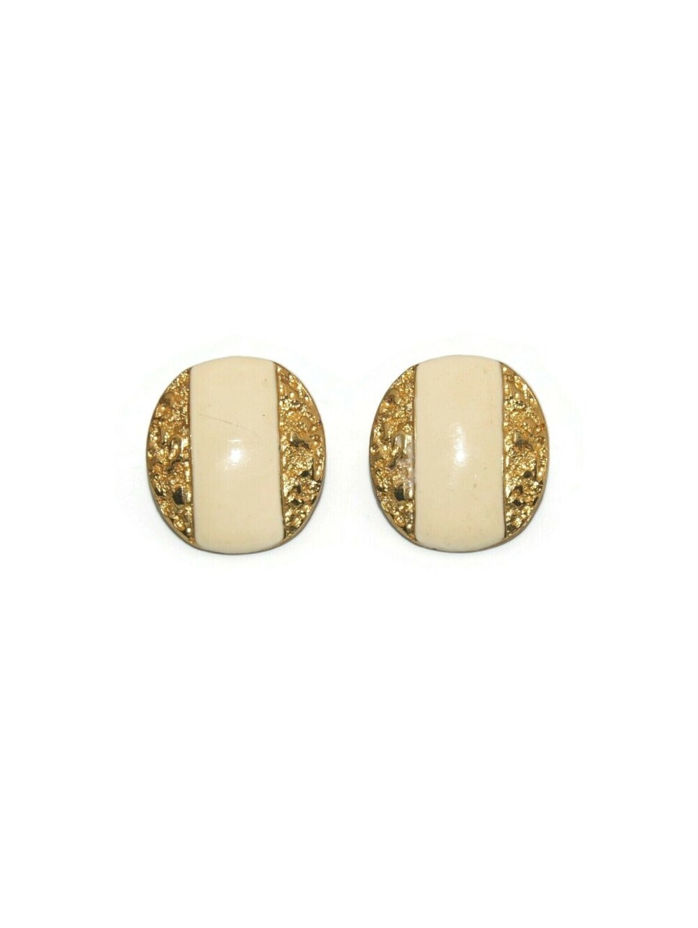 Vintage Gold Tone and Off White Enamel Oval Stud Earrings.